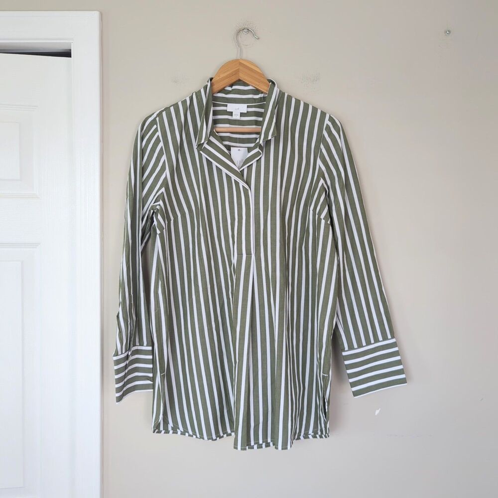J. Jill NWT Pesto Green White Striped 100% Cotton 1/4 Button Down Shirt Small